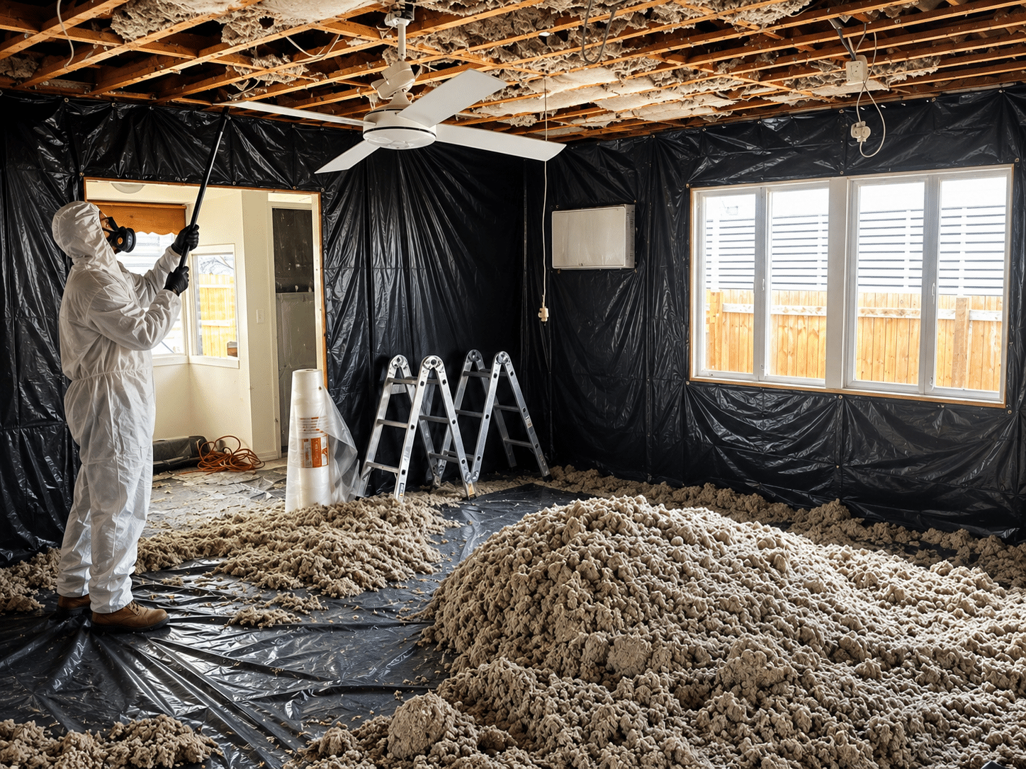 Licensed asbestos removalist in a protective suit working inside a sealed containment enclosure