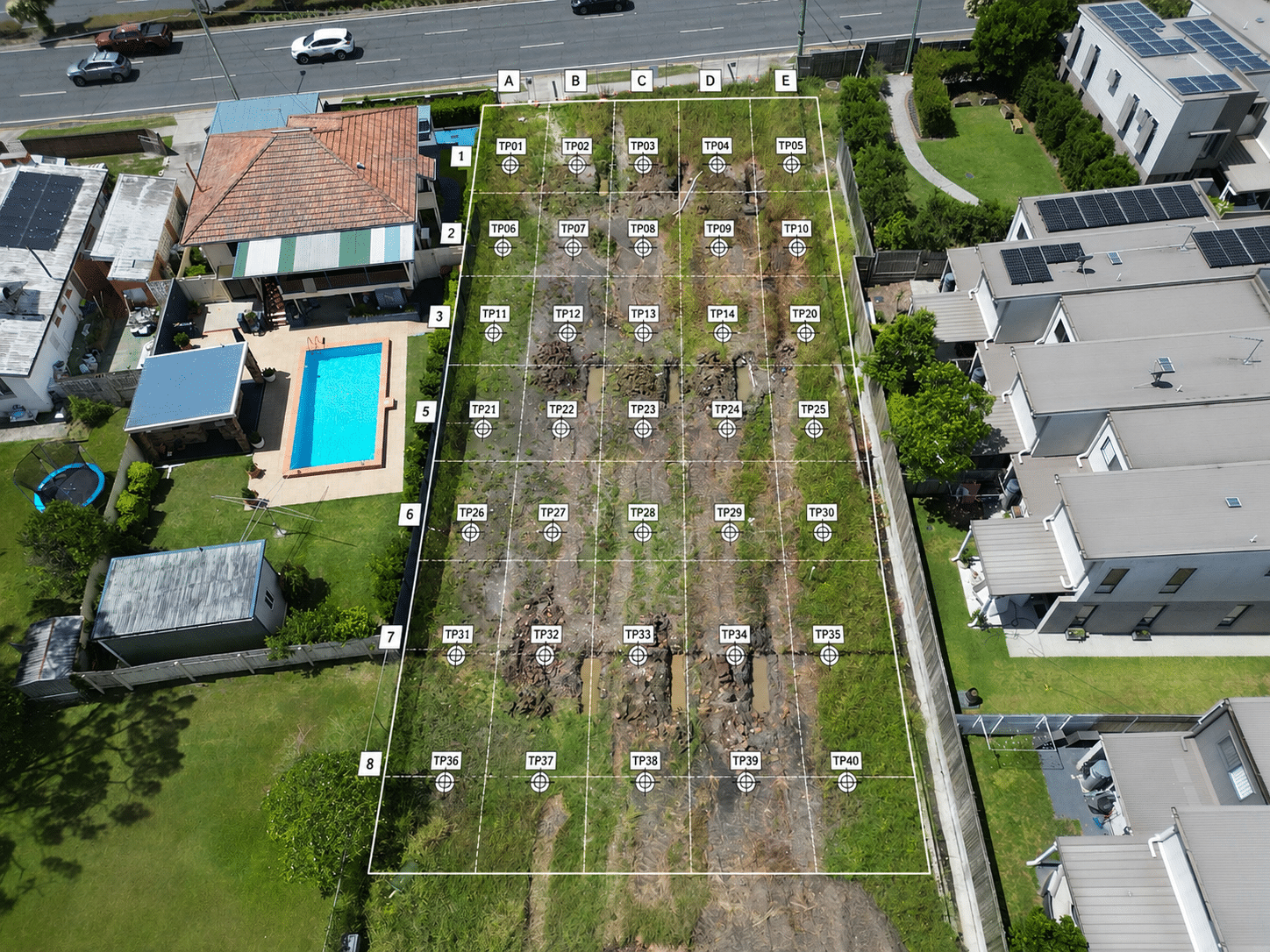 Aerial view of a site marked out with soil sampling test points