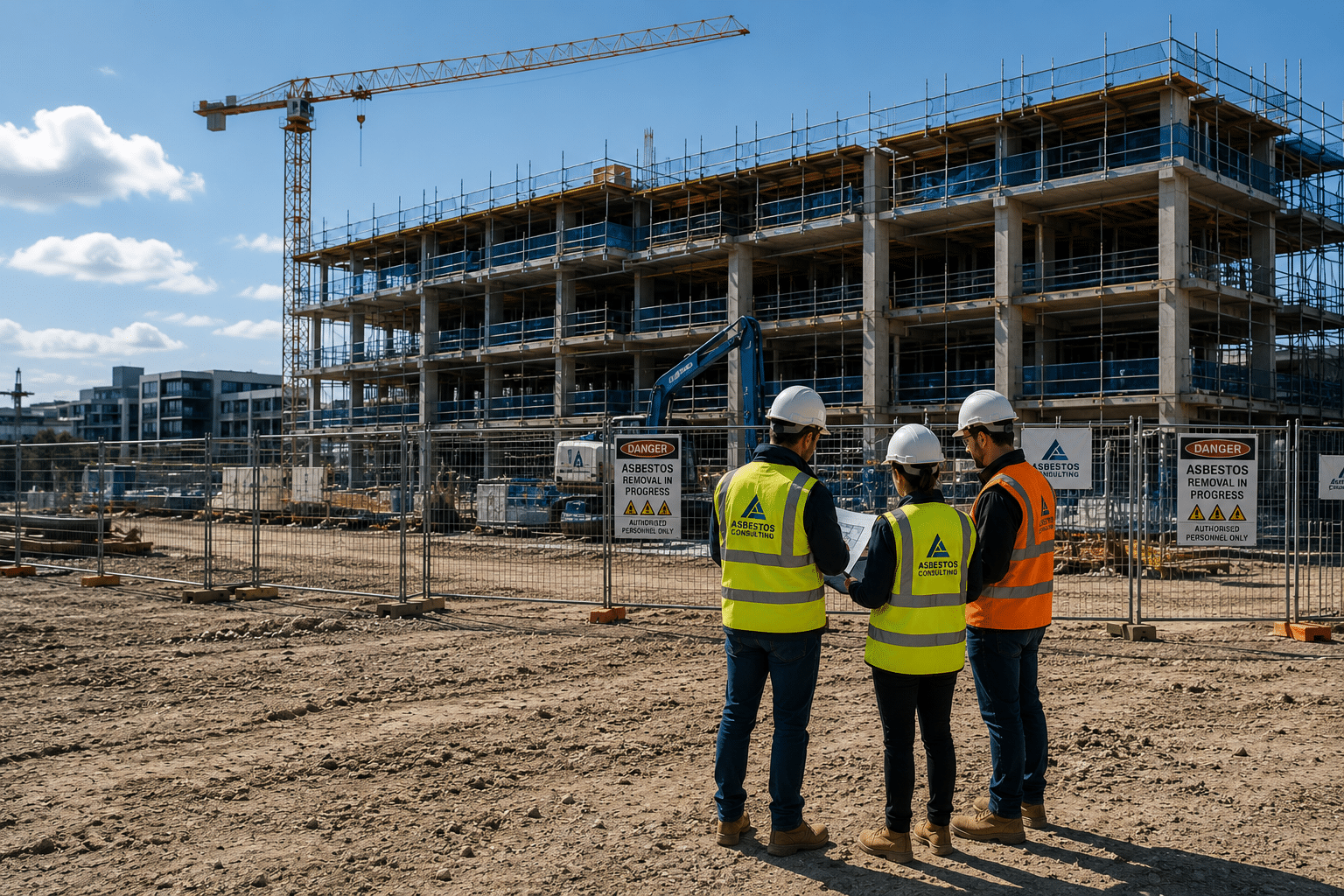Builders in hi-vis reviewing plans at a multi-storey commercial construction site