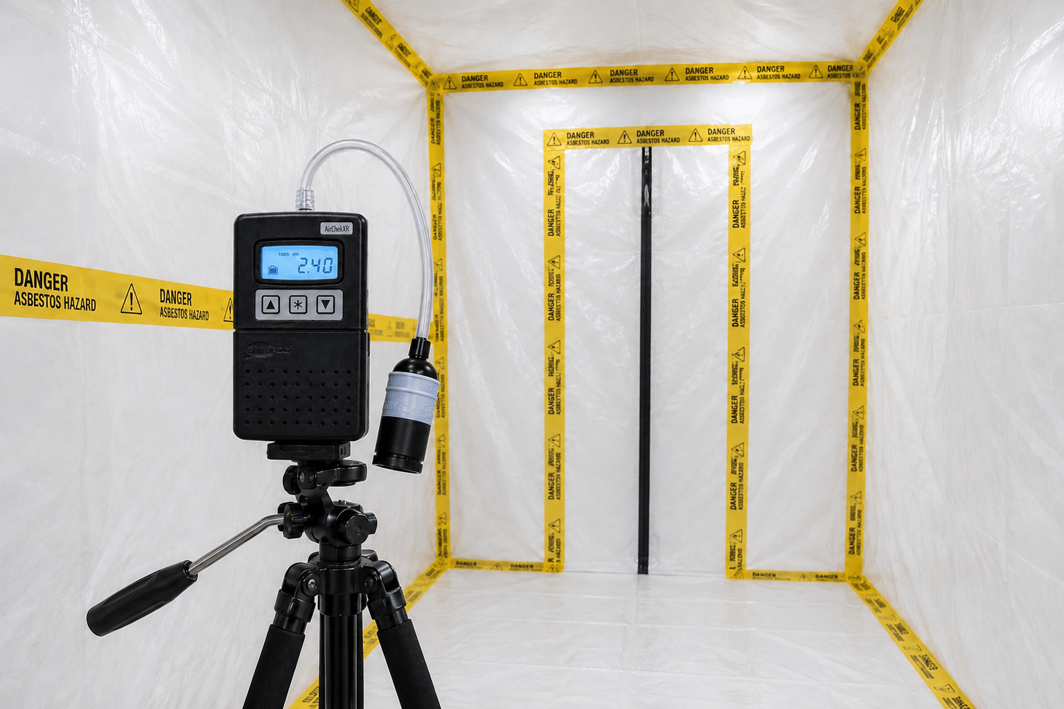 Air monitoring pump running beside a friable asbestos removal enclosure