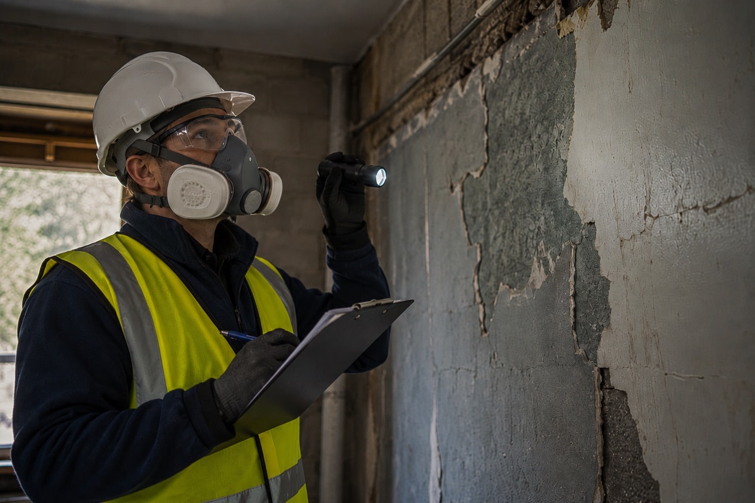 Asbestos assessor wearing PPE inspecting damaged wall materials with a flashlight and clipboard during an assessment and verification inspection.
