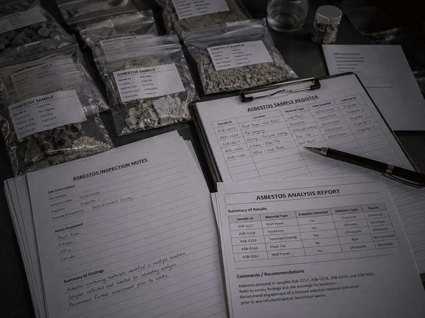 Labelled asbestos sample bags on a desk ready for laboratory analysis