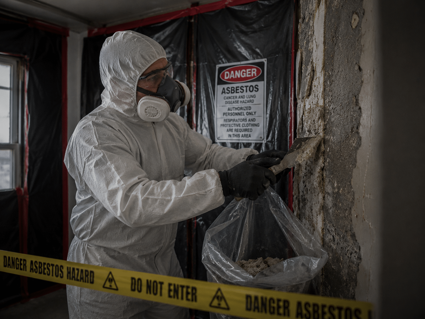 Licensed asbestos removal worker wearing protective clothing and respiratory protection removing damaged wall material inside an asbestos containment area.