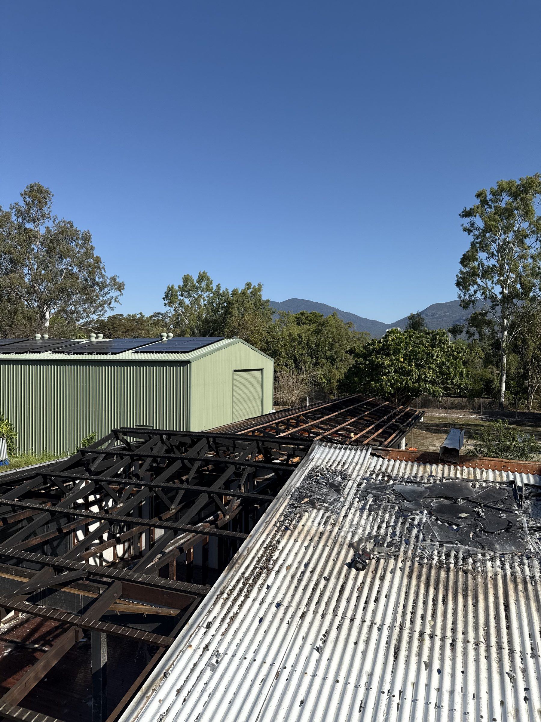 Partial roof removal, framing exposed